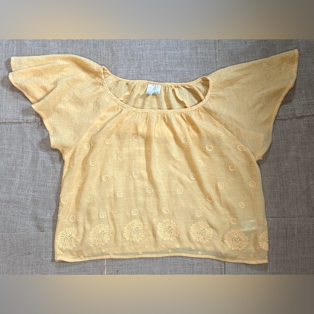 Mustard Yellow Gauze Fabric Cropped Top Shirt Juniors Large Sheer Cottage Core
